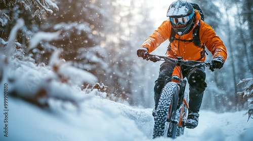 midsection of mountain biker riding in snow outdoors in winter