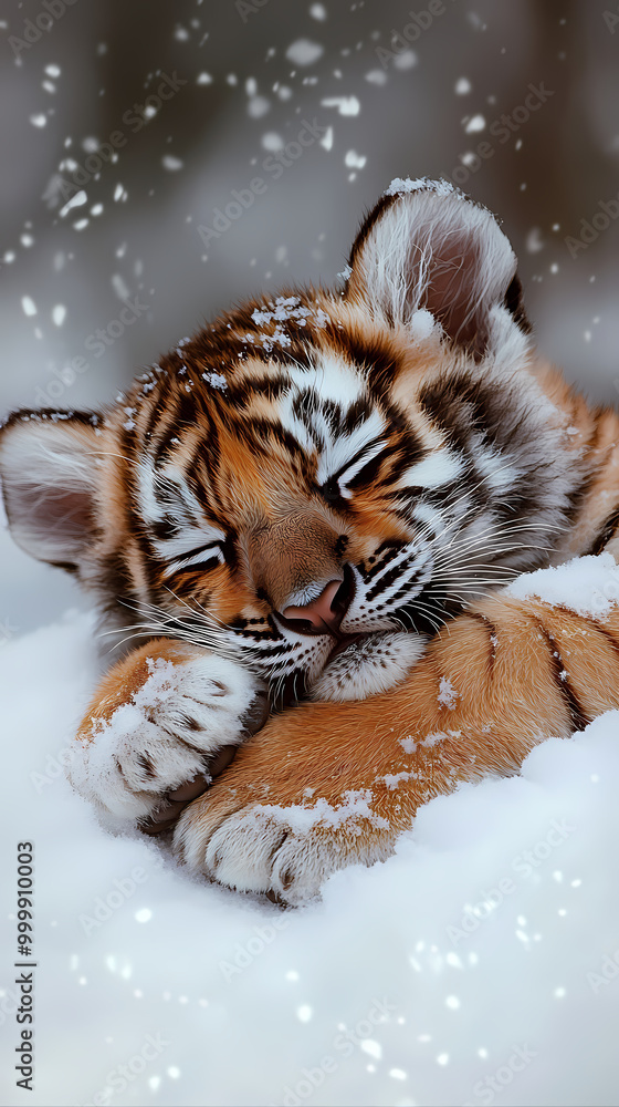 The soft body of a cute baby tiger is resting comfortably in a fluffy snow pile. The cold winter atmosphere surrounds it with snow covering the area The soft body of a cute baby tiger is resting comfortably in a fluffy snow pile. The cold winter atmosphere surrounds it with snow covering the area