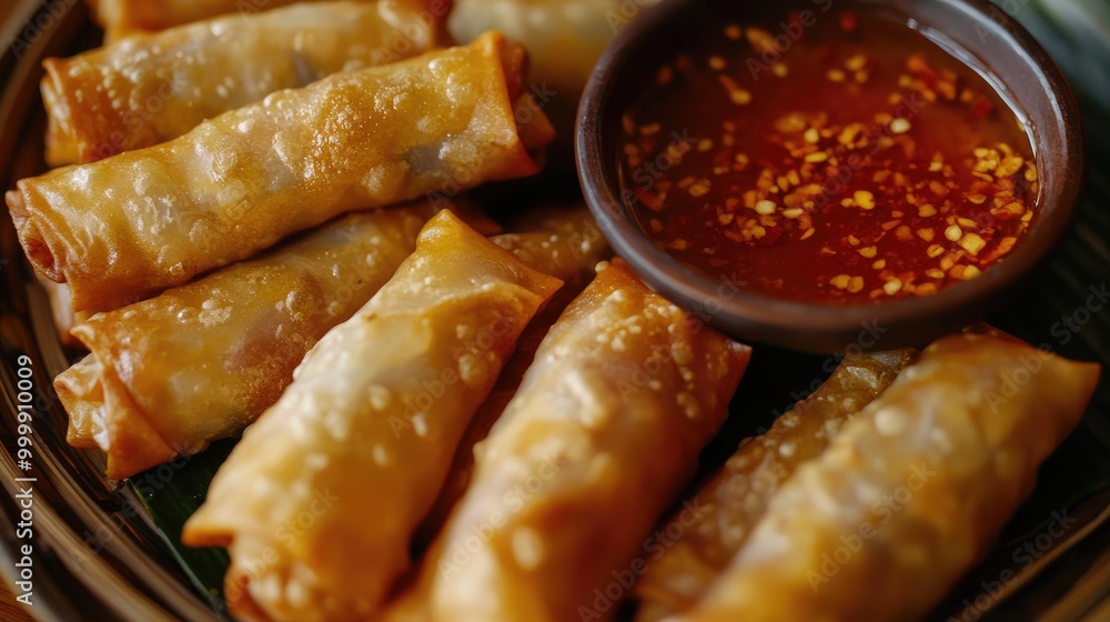 A plate of crispy Thai spring rolls, freshly fried and served with a sweet chili dipping sauce, ready to be enjoyed as a light appetizer. A plate of crispy Thai spring rolls, freshly fried and served with a sweet chili dipping sauce, ready to be enjoyed as a light appetizer.