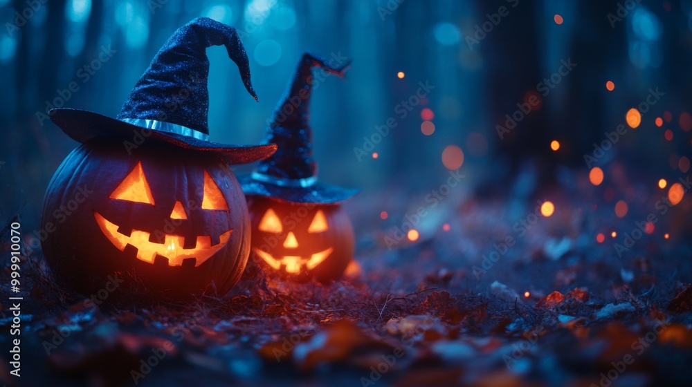 Fototapeta premium Glowing Jack-o'-Lanterns with Witch Hats in a Spooky Halloween Forest