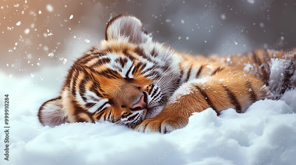 The soft body of a cute baby tiger is resting comfortably in a fluffy snow pile. The cold winter atmosphere surrounds it with snow covering the area The soft body of a cute baby tiger is resting comfortably in a fluffy snow pile. The cold winter atmosphere surrounds it with snow covering the area