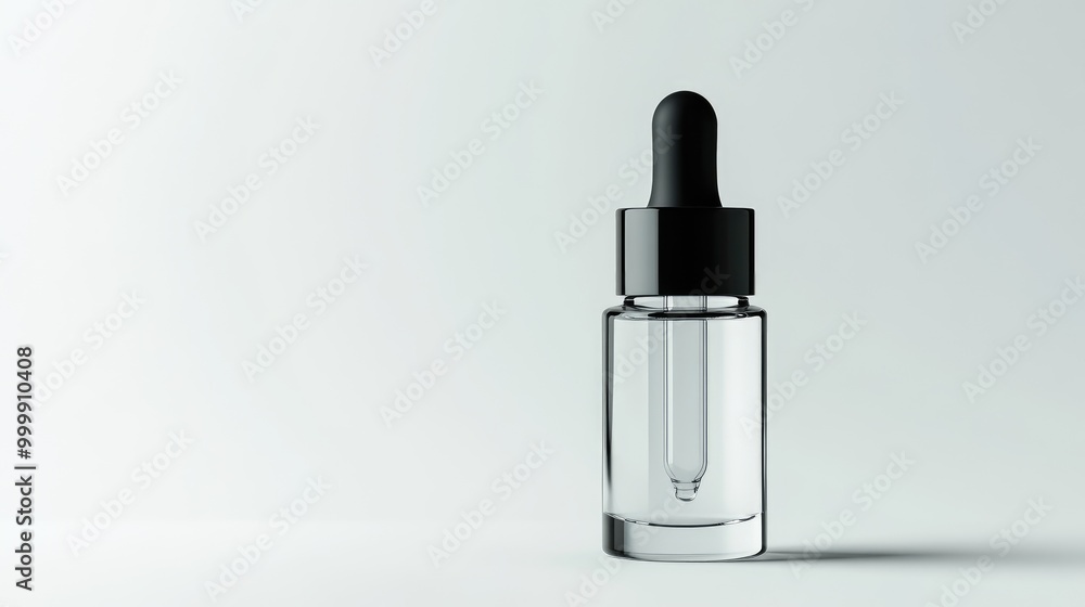 Transparent serum bottle with a matte black lid, focus on the unique bottle shape against white. No people. No logo. Transparent serum bottle with a matte black lid, focus on the unique bottle shape against white. No people. No logo.