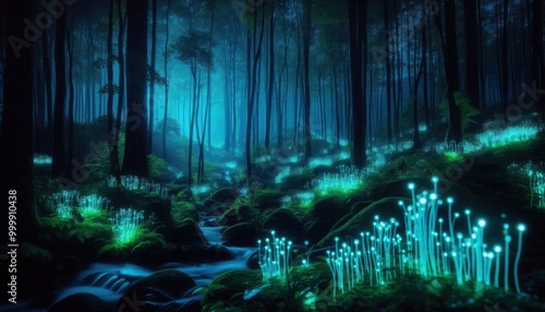 blue glowing mushroom in the night forest
