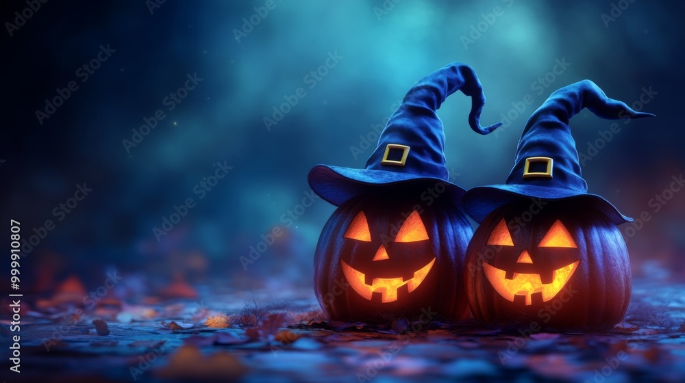 Glowing Jack-o'-Lanterns with Witch Hats in a Spooky Halloween Forest Glowing Jack-o'-Lanterns with Witch Hats in a Spooky Halloween Forest