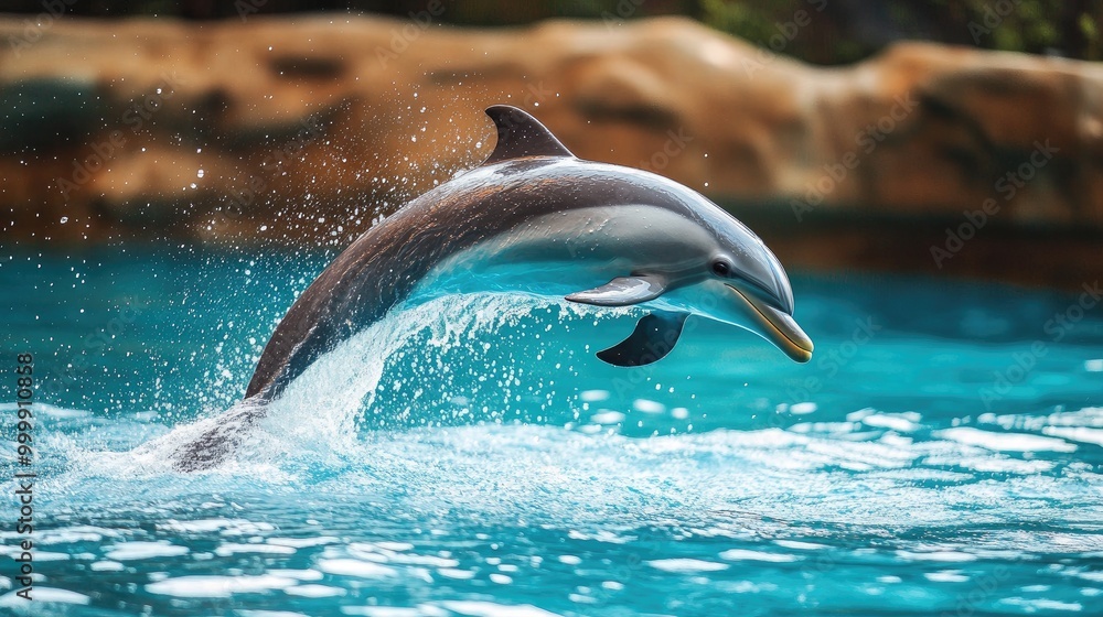 Obraz premium A playful dolphin leaping joyfully out of the turquoise water, sparkling droplets catching the sunlight, embodying the essence of freedom and fun in the ocean.