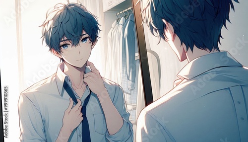 people stand in front of the mirror  , anime style