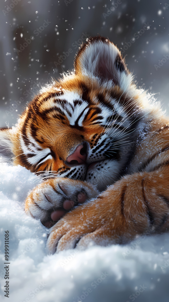 Obraz premium The soft body of a cute baby tiger is resting comfortably in a fluffy snow pile. The cold winter atmosphere surrounds it with snow covering the area