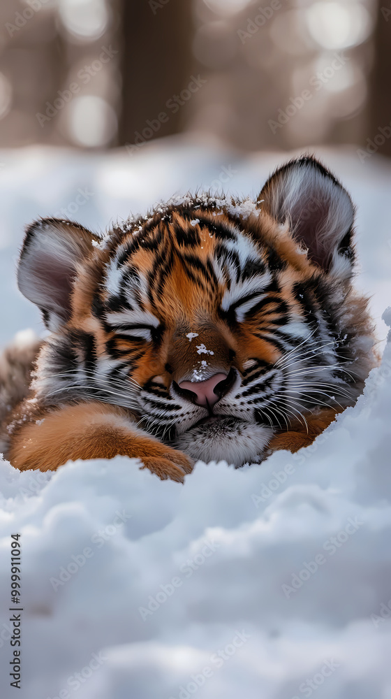 Obraz premium The soft body of a cute baby tiger is resting comfortably in a fluffy snow pile. The cold winter atmosphere surrounds it with snow covering the area