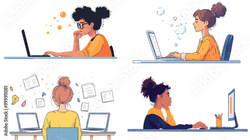A woman is sitting at a desk with a laptop and a computer monitor. She is wearing glasses and has her hair in a bun. Concept of focus and concentration as the woman works on her computer
