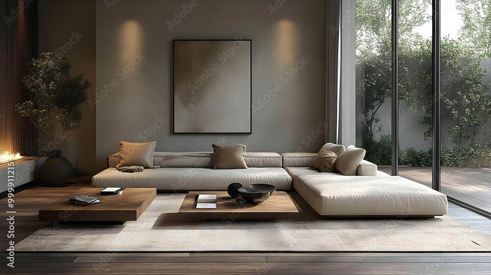 Modern Living Room Design with Sectional Sofa, Large Windows, and Wooden Coffee Table Modern Living Room Design with Sectional Sofa, Large Windows, and Wooden Coffee Table