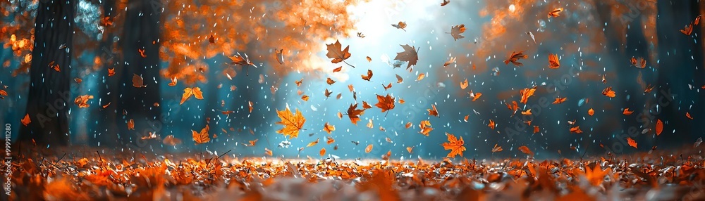 A celebratory autumn day in the woods, with leaves falling into a large pile the vibrant colors and serene wilderness create a perfect setting for a text overlay A celebratory autumn day in the woods, with leaves falling into a large pile the vibrant colors and serene wilderness create a perfect setting for a text overlay
