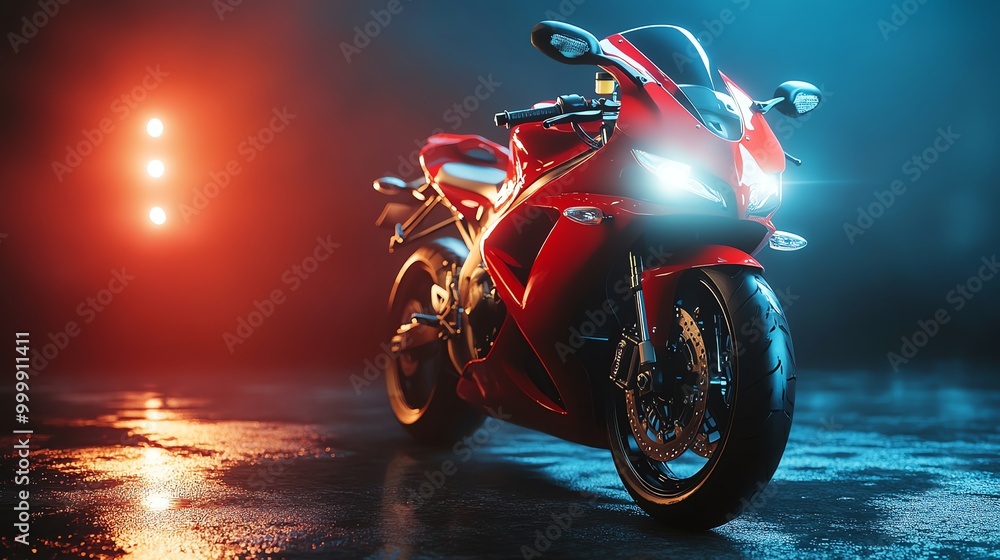 Fototapeta premium A red motorcycle under blue and orange light.