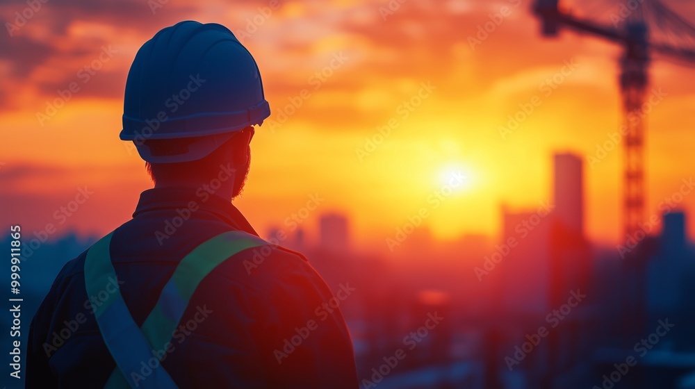Construction Worker Silhouetted Against Sunset Construction Worker Silhouetted Against Sunset