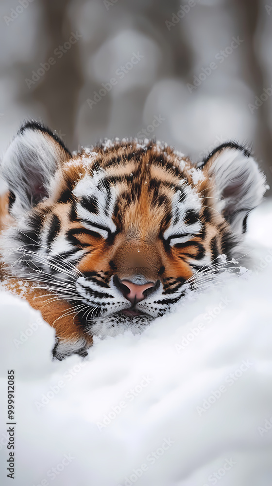 Fototapeta premium The soft body of a cute baby tiger is resting comfortably in a fluffy snow pile. The cold winter atmosphere surrounds it with snow covering the area