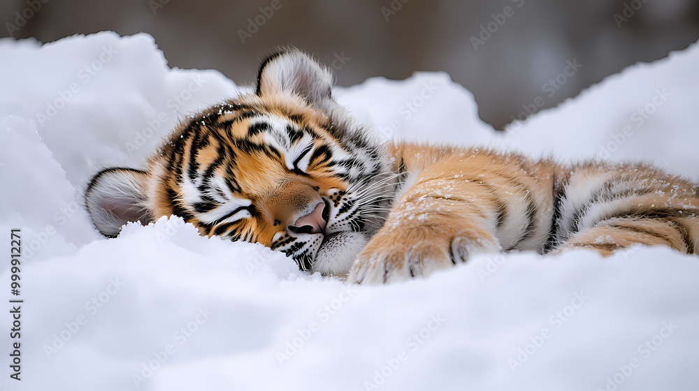 Obraz premium The soft body of a cute baby tiger is resting comfortably in a fluffy snow pile. The cold winter atmosphere surrounds it with snow covering the area