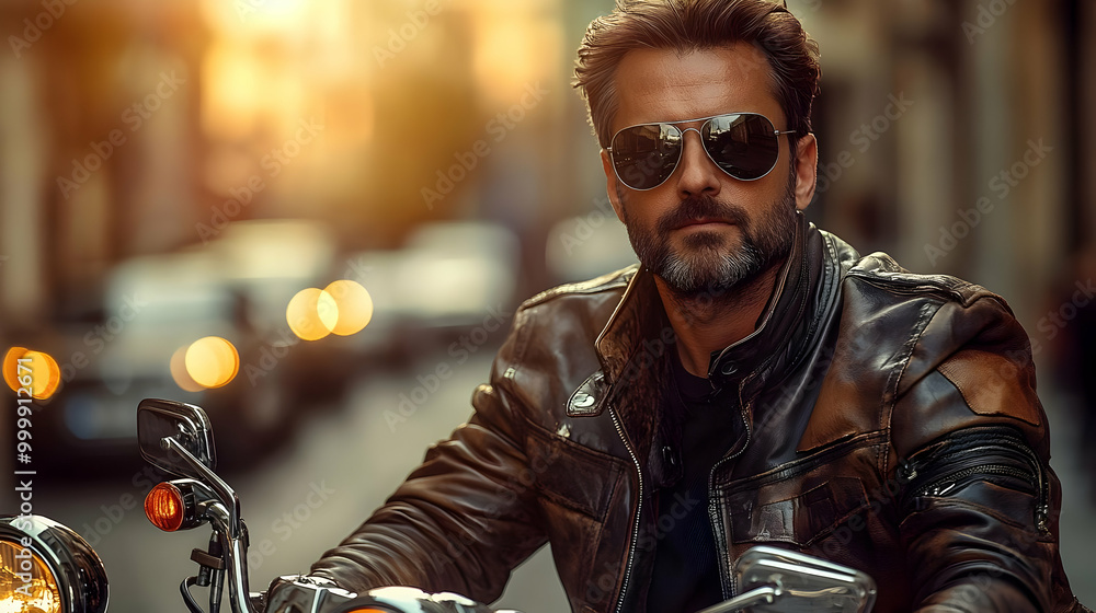 Leather Jacket & Sunglasses: Man on Motorcycle in City Leather Jacket & Sunglasses: Man on Motorcycle in City