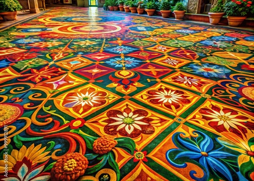 Close-up of an intricate, textured floor surface showcasing unique patterns and earthy color tones