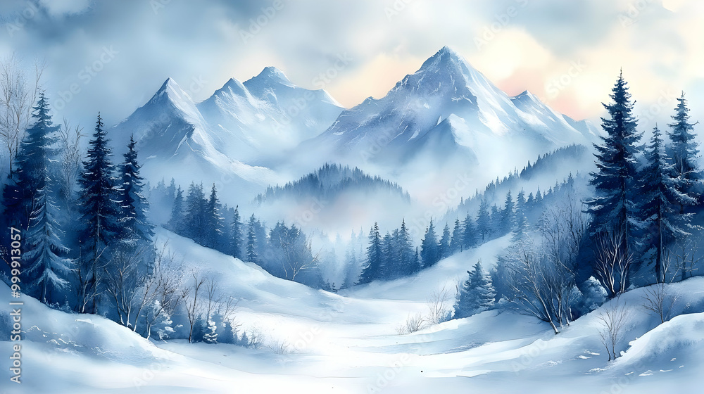Obraz premium Snowy Mountain Range with Pine Trees and a Misty Valley