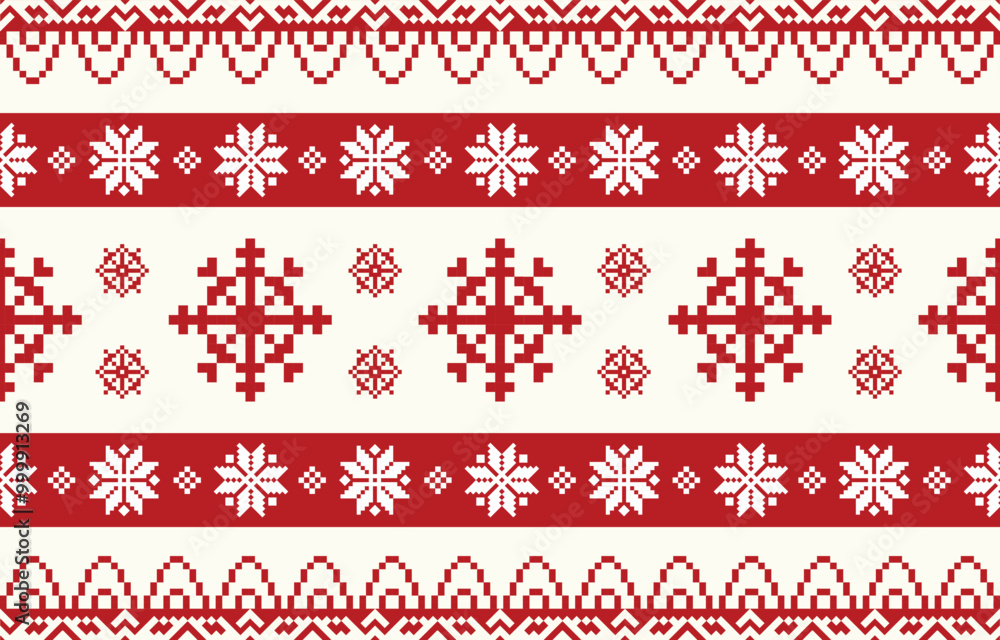 Christmas and New Year red and white seamless pattern, fairytale pixel pattern in white and green with Nordic snowflakes for winter hats, ugly sweaters, jumpers. wallpaper, paper or other design Christmas and New Year red and white seamless pattern, fairytale pixel pattern in white and green with Nordic snowflakes for winter hats, ugly sweaters, jumpers. wallpaper, paper or other design