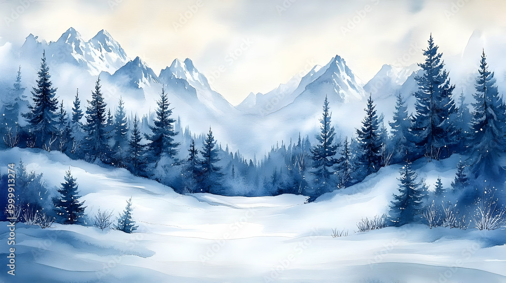 Fototapeta premium Snowy Mountain Landscape with Fir Trees in Winter Wonderland