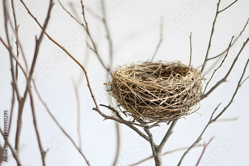 An empty straw bird nest, isolated on white background, looks like a natural home for birds and eggs in winter