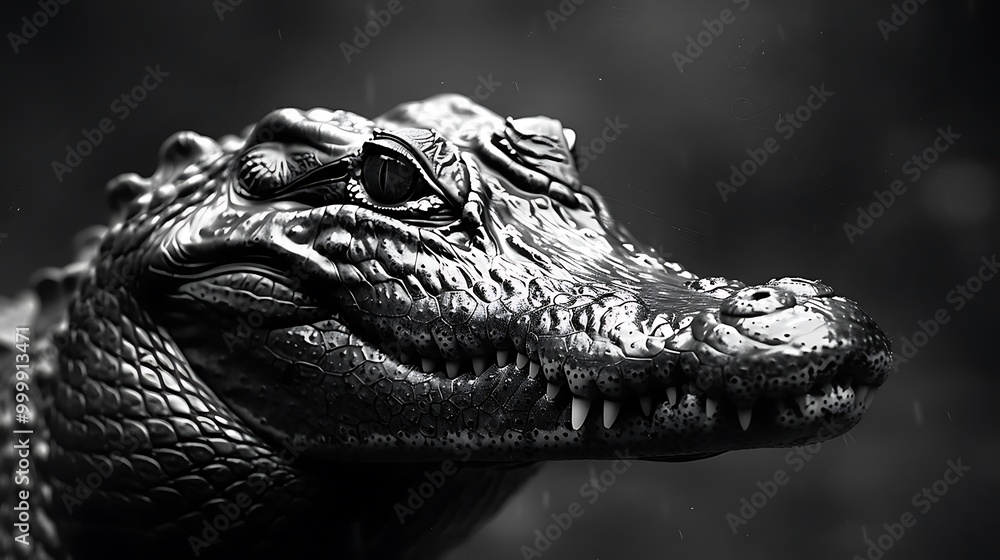 Fototapeta premium A close-up of a crocodile's head in a dramatic black-and-white setting.