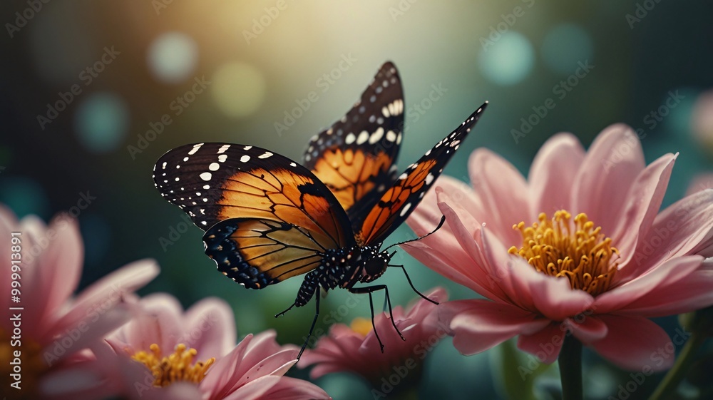 Fototapeta premium Close-Up of a Butterfly Landing on a Flower Petal, nature, insects, beauty, wallpaper, desktop.