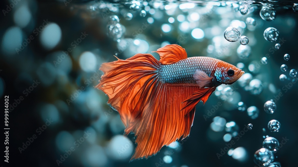 Obraz premium A serene image of a Betta fish resting near the surface of the water, with bubbles rising around it, capturing the tranquility of its aquatic habitat.