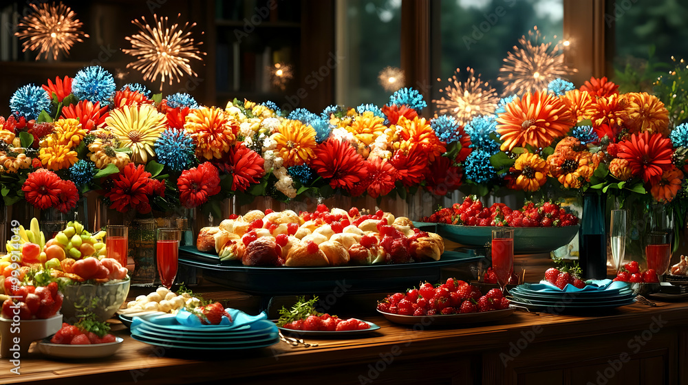 Festive Table Setting with Flowers, Fruit, and Sweets Festive Table Setting with Flowers, Fruit, and Sweets