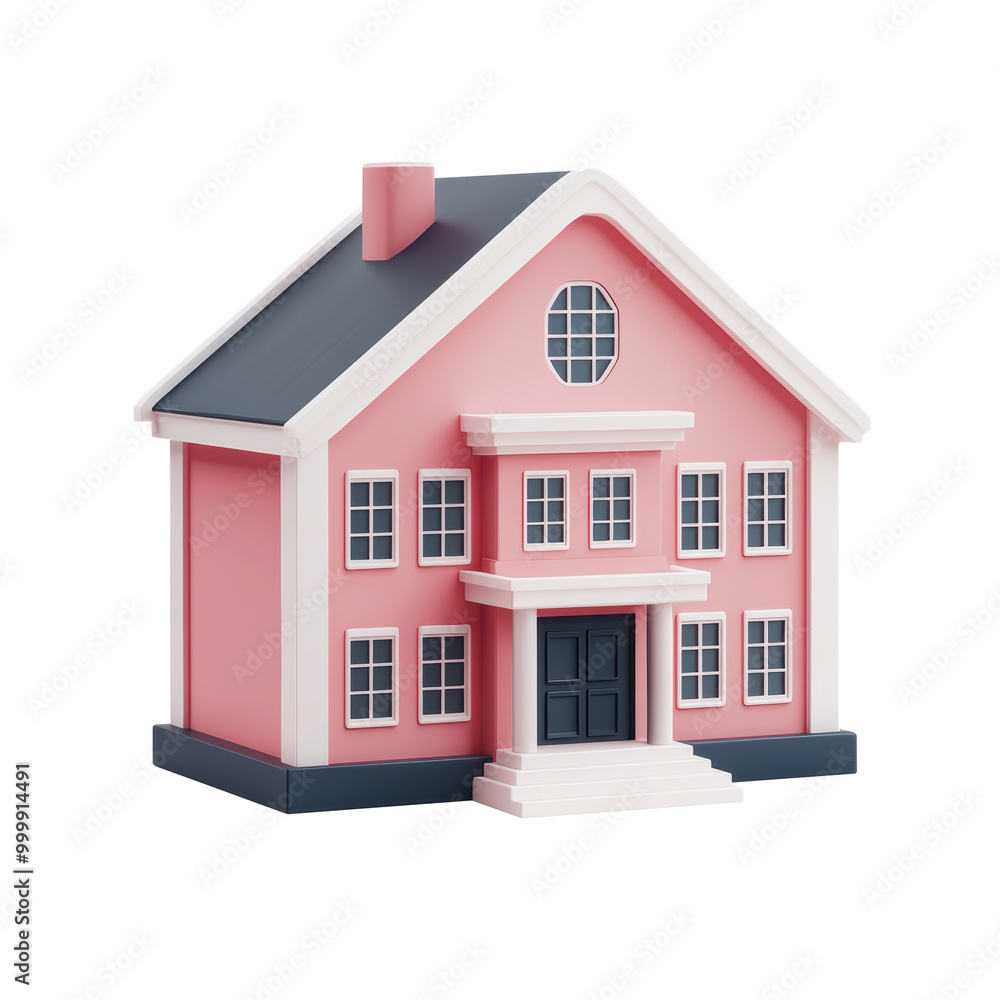3D illustration of a small classic house with pink walls, white accents, and a dark grey roof. Feature windows and front porch with clean, modern appearance. Isolated on transparent background, png. 3D illustration of a small classic house with pink walls, white accents, and a dark grey roof. Feature windows and front porch with clean, modern appearance. Isolated on transparent background, png.
