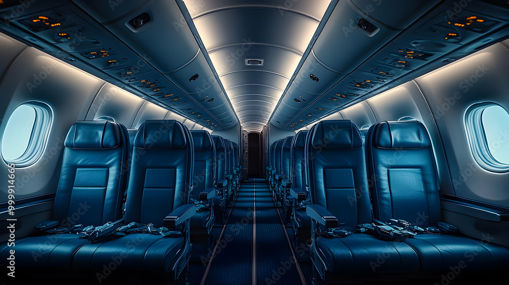 Empty Airplane Cabin Seats with Blue Leather Interior, Rows of Seats, Interior View Empty Airplane Cabin Seats with Blue Leather Interior, Rows of Seats, Interior View