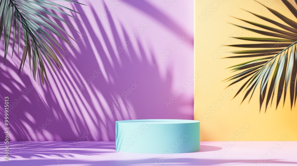 Obraz premium A blue cylindrical podium with palm leaf shadows on a purple and yellow background.