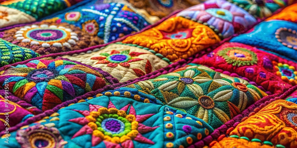 Close-Up of Colorful Fabric Textures Showcasing Intricate Quilting Patterns for Crafting Projects Close-Up of Colorful Fabric Textures Showcasing Intricate Quilting Patterns for Crafting Projects