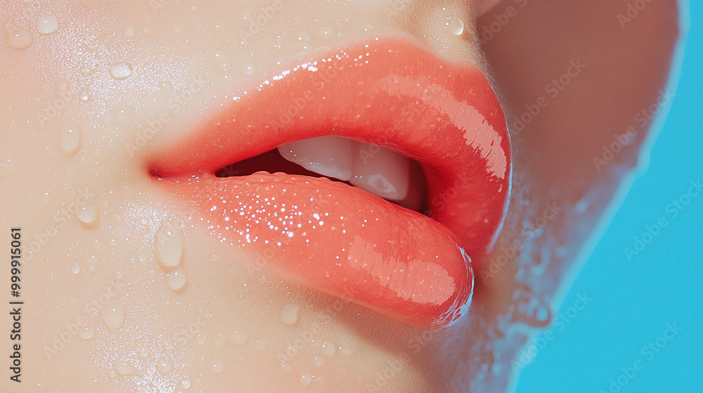 Obraz premium Close-up of glossy lips with water droplets