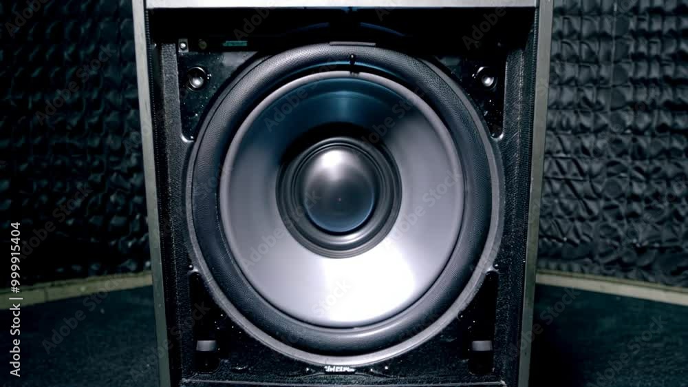 Close-up view of a speaker cone vibrating with sound waves. Close-up view of a speaker cone vibrating with sound waves.