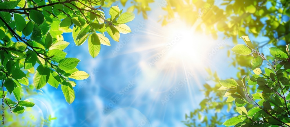 Green Tree Brances Frame Corner With Blue Sky And Sun Flare In Background Green Tree Brances Frame Corner With Blue Sky And Sun Flare In Background
