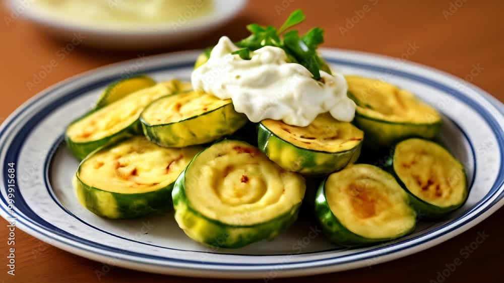 Deliciously grilled zucchini with a dollop of sour cream and fresh herbs Deliciously grilled zucchini with a dollop of sour cream and fresh herbs