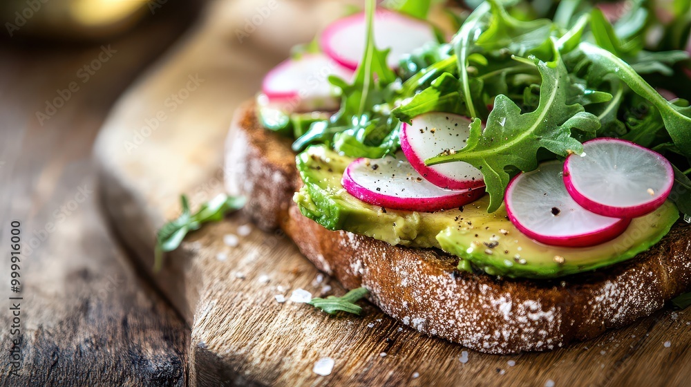 Fresh Avocado Toast with Radishes on Rustic Wood Board Fresh Avocado Toast with Radishes on Rustic Wood Board
