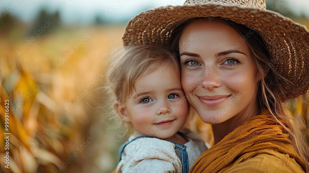 Fototapeta premium portrait of female farmer with beautiful baby harvesting corn on the field