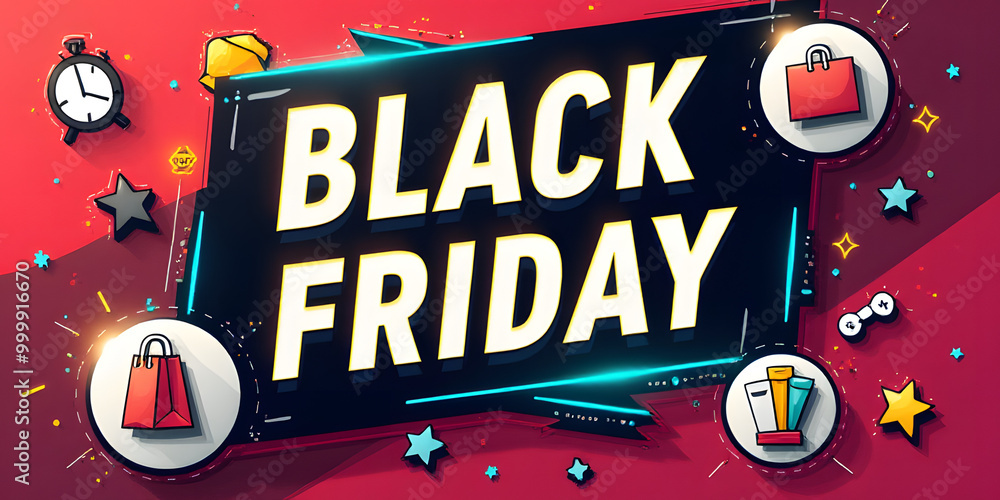 Fototapeta premium Bold Black Friday banner with vibrant colors, dynamic shopping icons, and energetic animations_00001_