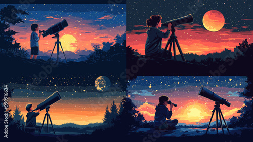 Four different pictures of people looking through a telescope at the moon and stars. The first picture shows a boy looking through a telescope