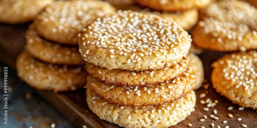 Golden Brown Sesame Seed Cookies on Wooden Board Golden Brown Sesame Seed Cookies on Wooden Board