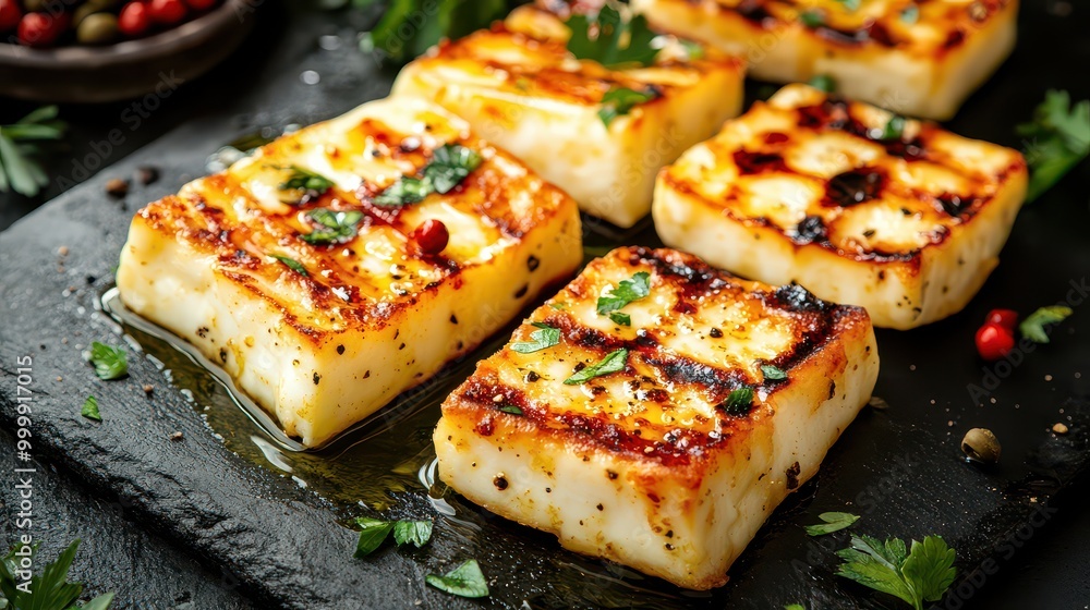 Golden Grilled Halloumi Cheese Slices on Dark Stone Golden Grilled Halloumi Cheese Slices on Dark Stone