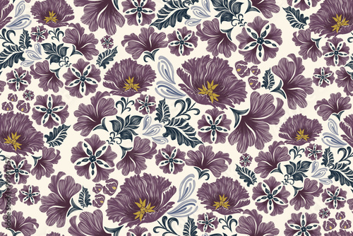 Vintage Lotus Floral pattern wallpaper seamless embroidery Ikat textured purple flowers on white background border Denmark ethnic motif traditional. Aztec style abstract vector illustration design.