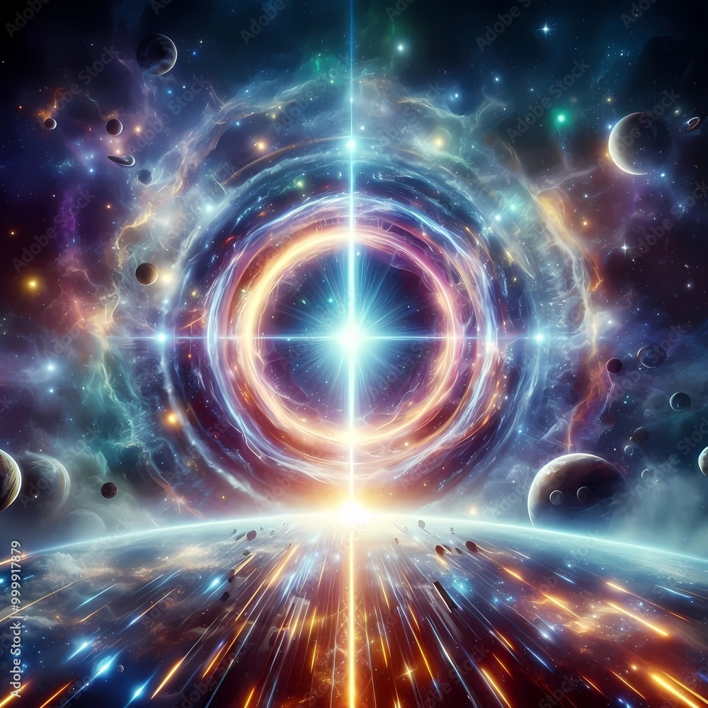 Obraz premium A futuristic space scene featuring a massive, glowing portal in the middle of a galaxy