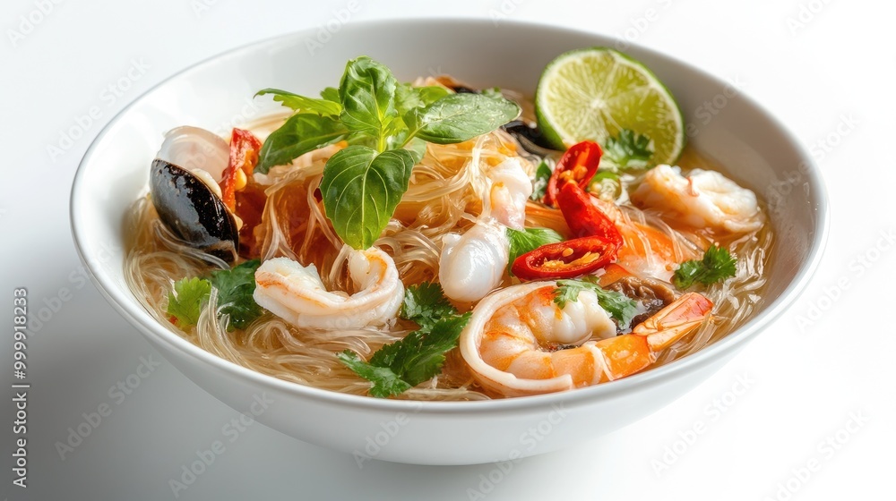 A simple yet appetizing bowl of glass noodles with seafood, topped with chili, lime, and fresh herbs, placed on a pristine white background. A simple yet appetizing bowl of glass noodles with seafood, topped with chili, lime, and fresh herbs, placed on a pristine white background.