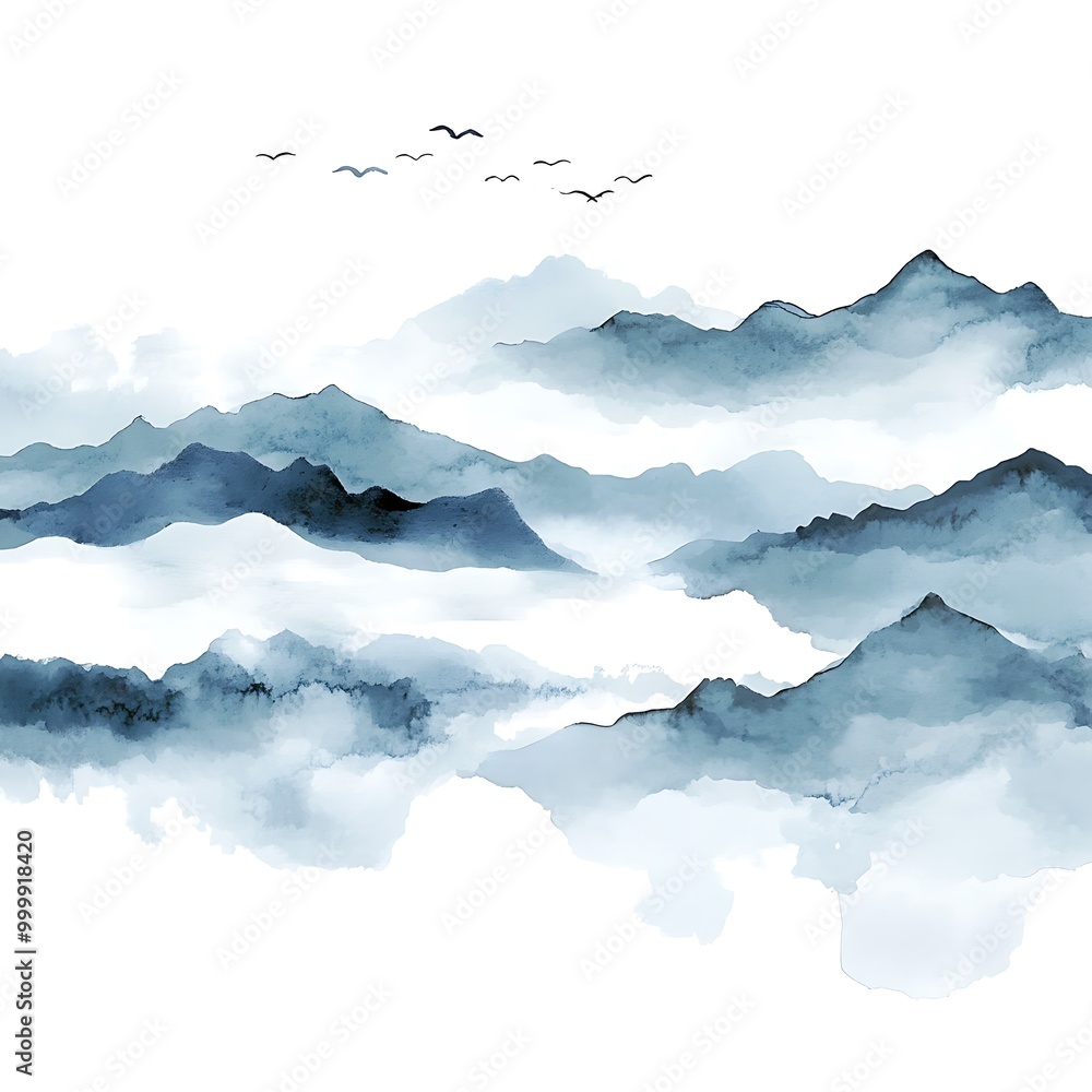 Watercolor Illustration of Misty Mountains with Birds Flying Overhead. Watercolor Illustration of Misty Mountains with Birds Flying Overhead.