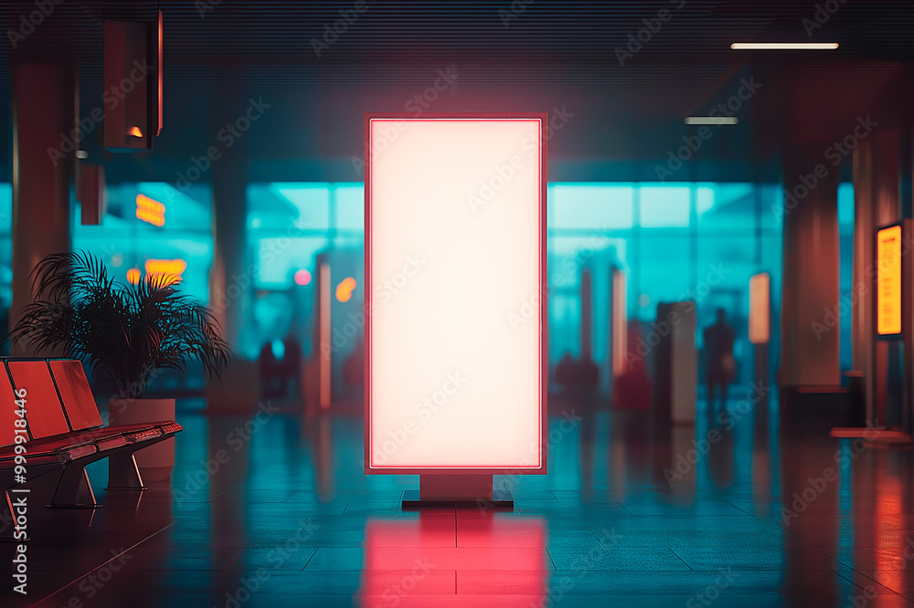 Illuminated blank digital billboard in modern airport terminal with seats and plants, ready for advertisement mockup. Ai generative.