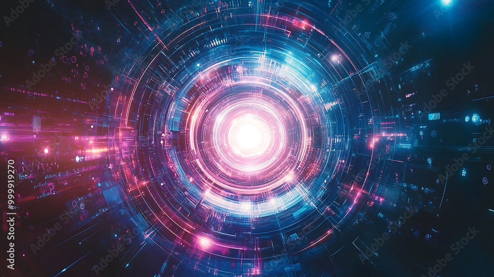 Obraz premium Abstract digital technology background with glowing circular pattern, lines, and light effects.
