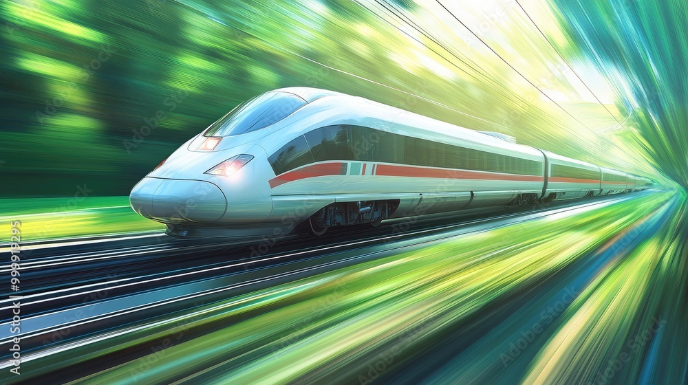 A sleek high-speed train speeding through a lush green landscape, with a blurred background emphasizing its rapid movement, symbolizing modern transportation. A sleek high-speed train speeding through a lush green landscape, with a blurred background emphasizing its rapid movement, symbolizing modern transportation.